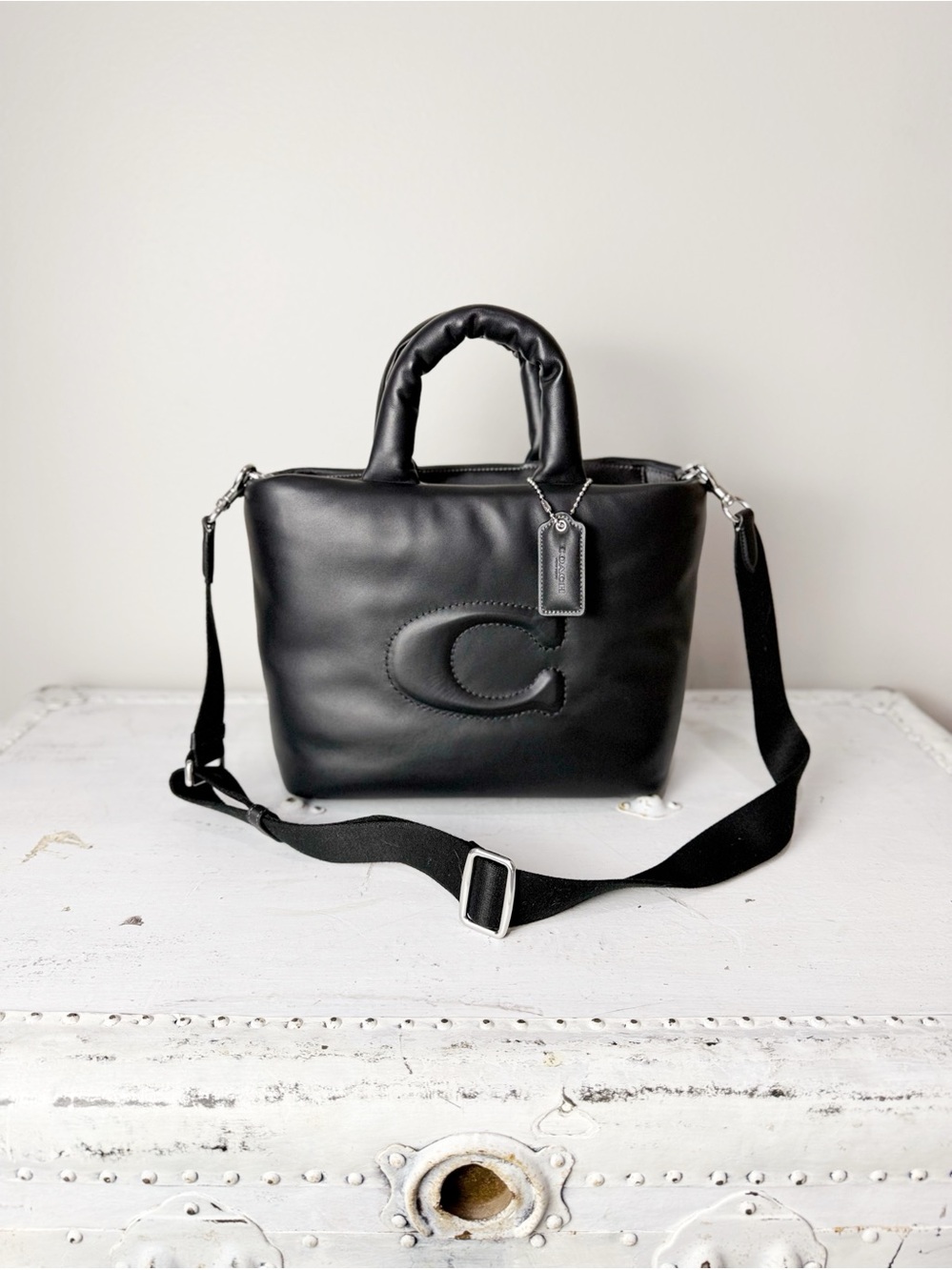 COACH CP095 Pillow Tote Crossbody Bag in Smooth Leather Stitched C Purse Black